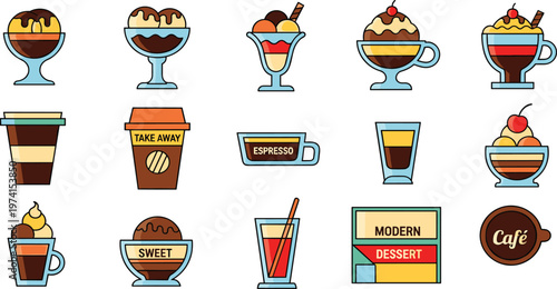 Dessert Coffee Vector Set with Ice Cream Sundae Espresso Takeaway Cup Isolated on White Background
