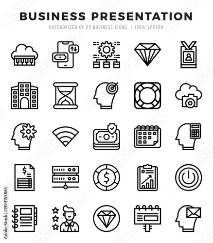 Set of 25 Business Presentation Lineal Icons Pack.