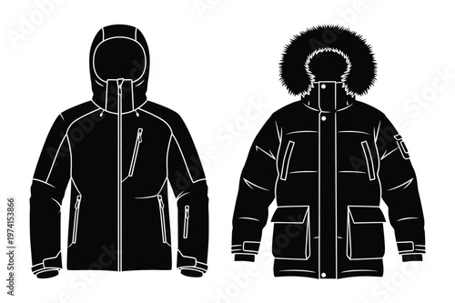 Black silhouettes of two winter jackets with clothing outerwear snowboarding