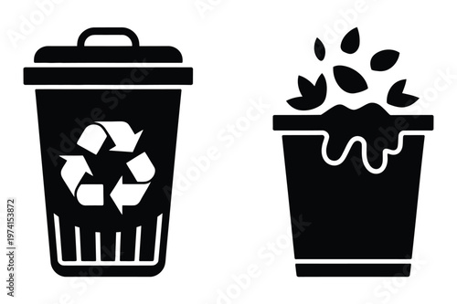 Black icons of two trash cans with disposal recycling environment container