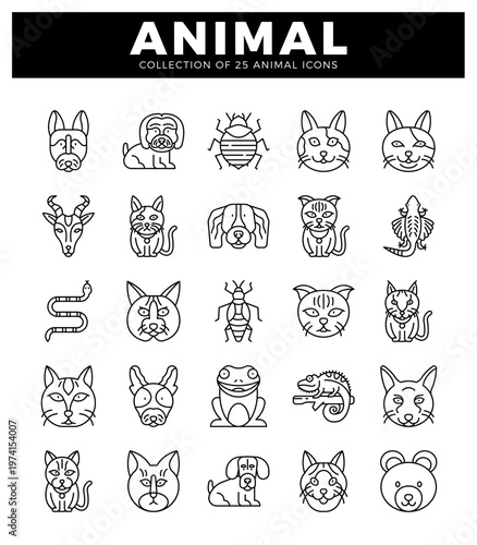 Line art animal icons collection on white background