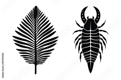 Fern leaf and scorpion silhouette vector illustration with scorpion, creature