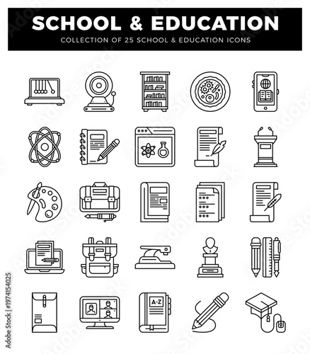 School and Education Icons Set in Clean Line Art