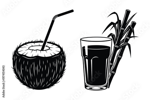 Coconut drink and sugarcane with sugarcane beverage refreshment tropical