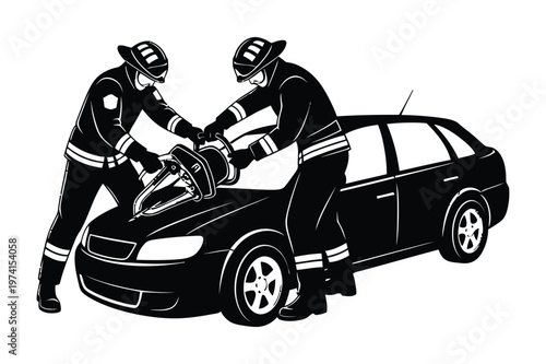 Firefighters rescuing person from car accident vector with firefighter, accident