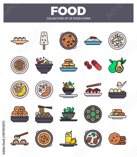 flat food icons with line art. displayed on a white background.