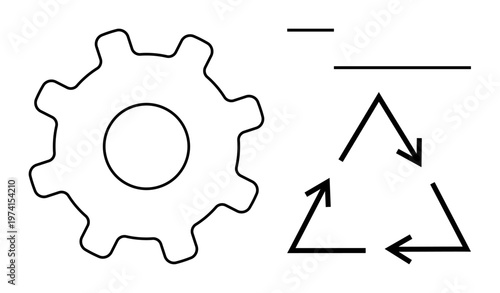 Sustainability, manufacturing, engineering, eco-friendly processes, workflow, industrial design. Outline of a gear and recycling triangle with arrows. Sustainability and manufacturing concepts