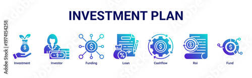 Investment Plan web banner icon vector illustration with icons of Investment,Investor,Funding,Loan,Cashflow,Roi and Fund