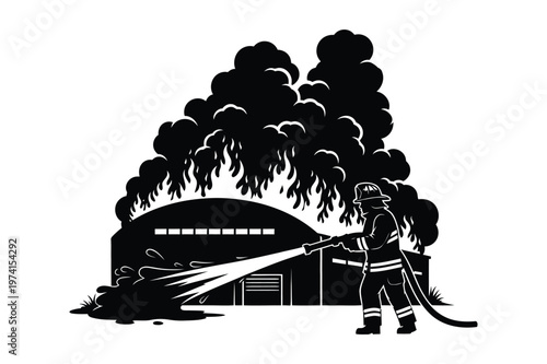 Firefighter battling blazing fire at industrial building with water hose