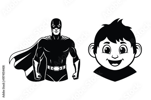 Classic superhero figure with cape and happy smiling child face vector, powerful