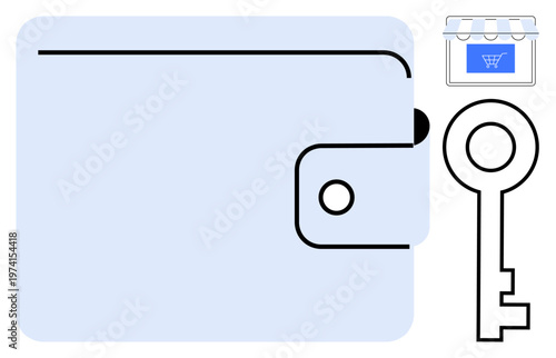 Security, digital payments, online shopping, key access, financial technology, e-commerce concepts. Wallet, key and store icon visualizing access and security. Security and digital payments concept