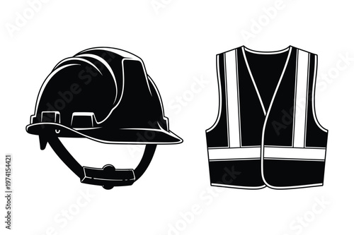 Industrial worker hard hat helmet and high visibility reflective safety vest