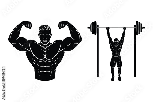 Muscular bodybuilder flexing biceps pose and man performing pull-ups exercise