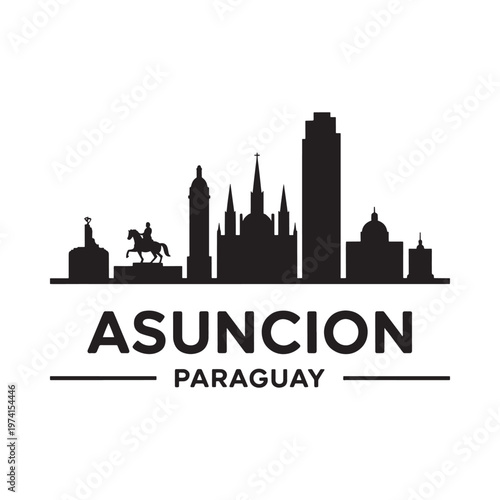 Silhouette of asuncion paraguay skyline featuring a horse and rider monument