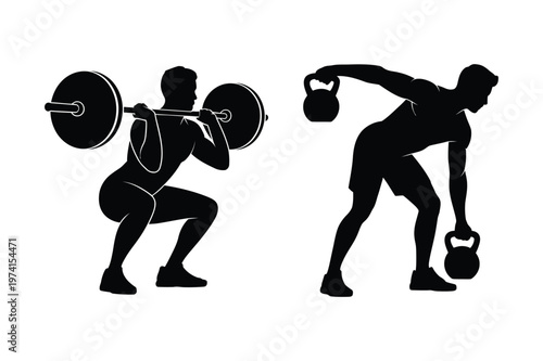 Athlete performing barbell back squat and kettlebell row strength training