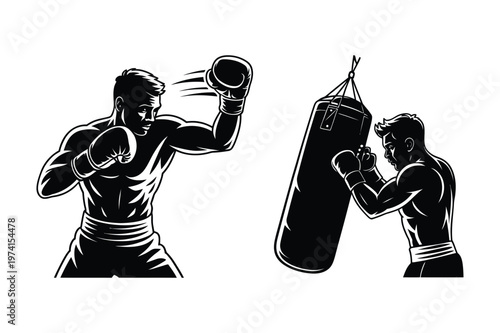 Boxers training with gloves and punching bag vector silhouette illustration