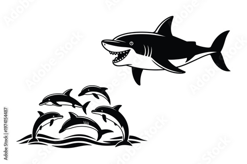 Great white shark and pod of dolphins jumping from water vector illustration
