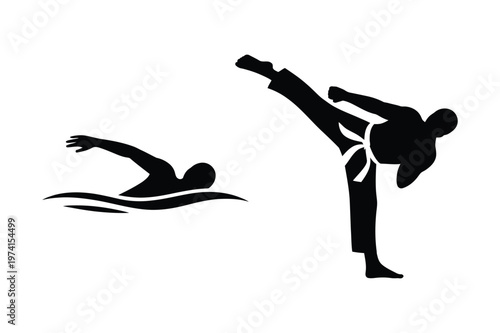 Swimmer and martial arts fighter kicking silhouettes vector illustration