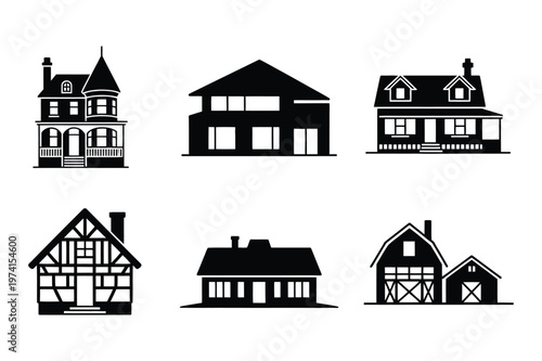 Diverse collection of house building styles and home types silhouettes vector