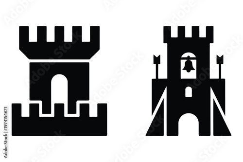 Ancient castle tower and bell tower fortress silhouettes vector illustration set