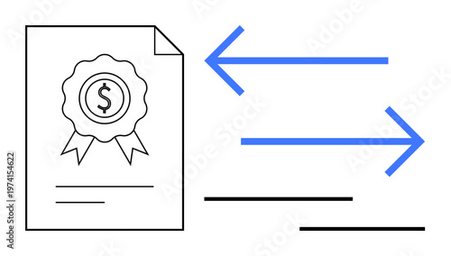 Financial transactions, digital payments, certification, document transfer, business agreements, economic processes. Paper document with a seal and dollar sign, arrows beside it. Financial