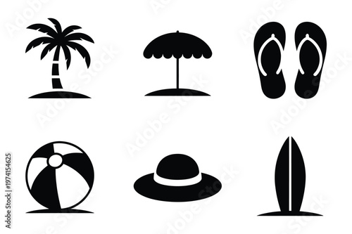 Beach and summer vacation icon set with tropical elements and accessories