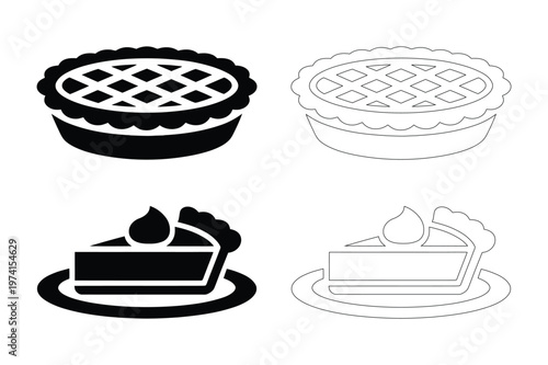 Pie icon set with whole pie and slice of pie in solid and outline styles