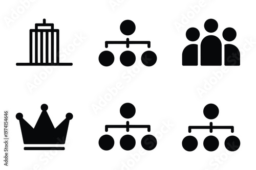 Business and organizational icon set with building charts and crown business