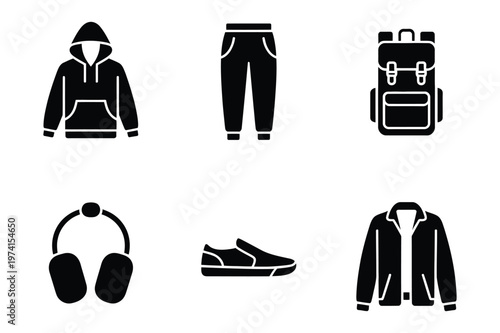 Casual clothing and accessory icon set with hoodie pants backpack and headphones