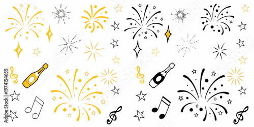 Celebratory doodles of fireworks champagne stars and musical notes