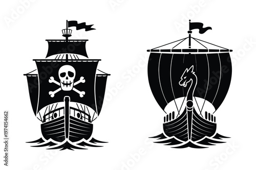 Pirate ship and viking longship icon set with skull flag and dragon figurehead