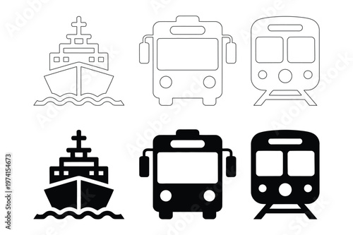 Transportation vehicles vector icons set with cargo ship public bus, transport