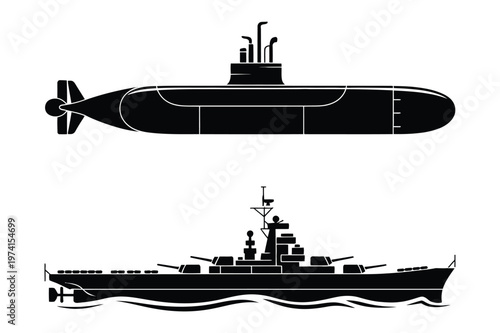 Military naval vessels vector icons with submarine and warship battleship