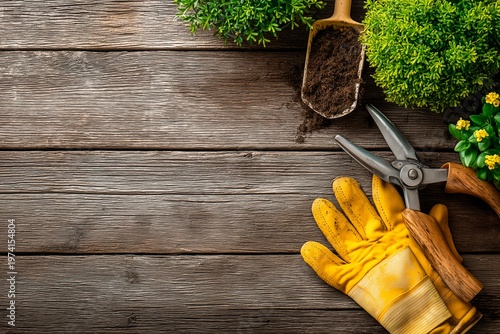 Gardening tools on wooden table with copy space