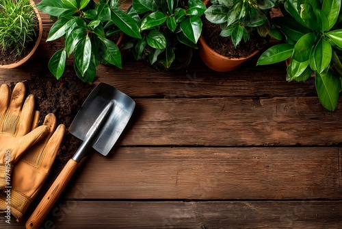 Gardening tools on wooden table with copy space