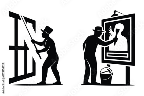 Chimney sweep cleaning and window washer with squeegee worker silhouettes