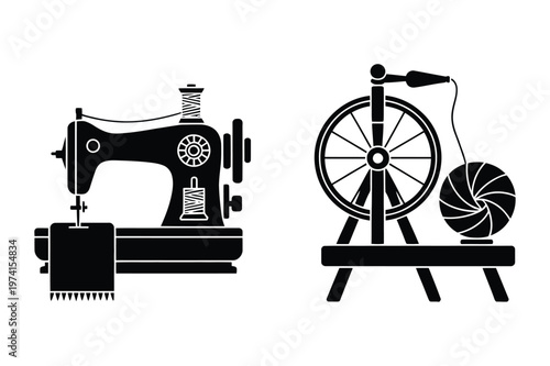 Vintage sewing machine and traditional spinning wheel silhouette icons vector
