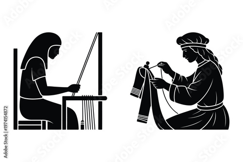 Traditional textile crafts: women weaving fabric on loom and doing needlework