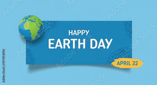 Blue ribbon with earth globe celebrating happy earth day on april twenty second