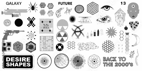 Collage of abstract shapes symbols and objects in black and white