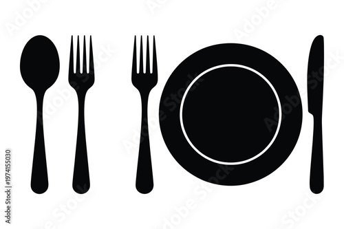 Table setting cutlery silhouette vector illustration with plate spoon fork