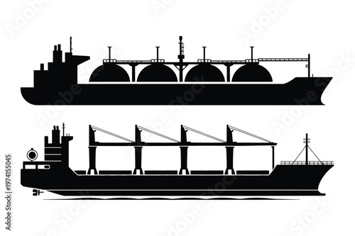Cargo ships silhouette vector illustration set container and tanker vessels