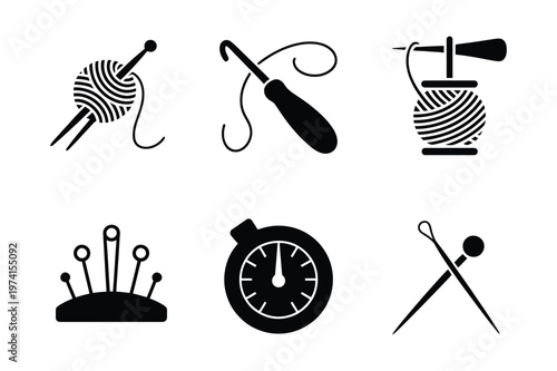 Knitting crocheting and sewing craft tools icons vector illustration set