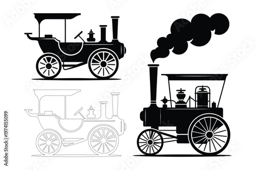 Collection of vintage automobile and steam engine vehicles icons vector