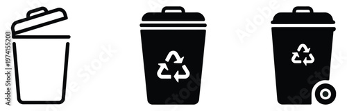 Recycling and trash bin icon set, waste disposal symbols, environmental care concept, garbage and recycle bins, sustainability icons, green living theme, modern flat design