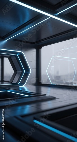 Futuristic Interior Design with Neon Lights and Reflections.