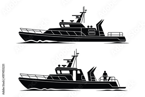 Naval patrol boats or coast guard ships vector illustration icon set