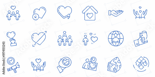 Collection of blue line icons representing love connection and community
