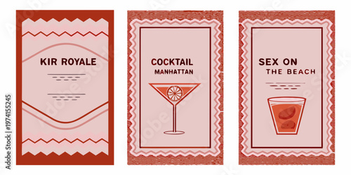 Three illustrated cocktail recipe cards with vintage inspired designs