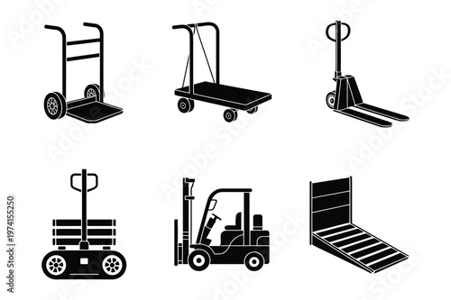 Warehouse logistics and material handling equipment icon set vector illustration